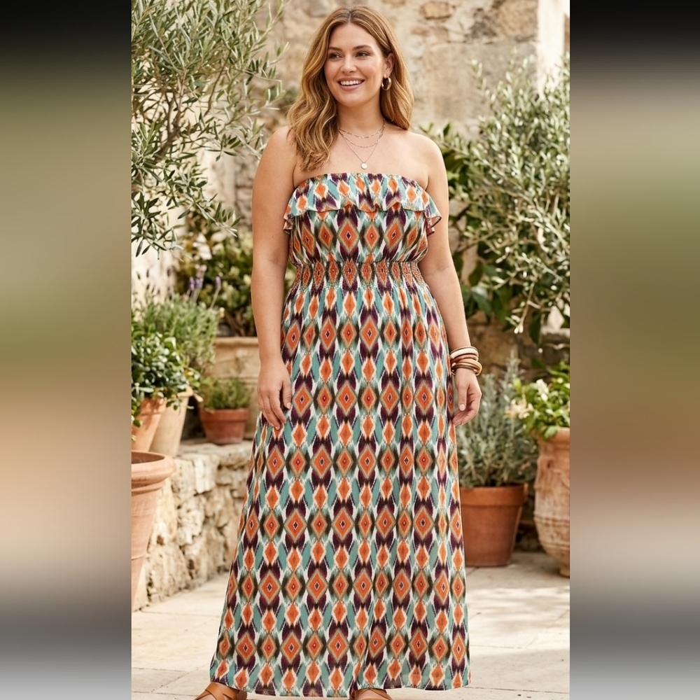 Maxi Dress Ikat Strapless Geometric Print Women's Plus Size 1X Caren Sport - Picture 6 of 16